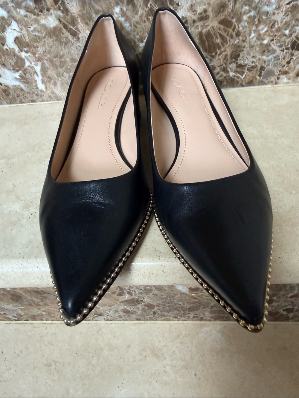 Coach Black Pointed Low Block Heel Pumps with Gold Stud Trim - Picture 2 of 16
